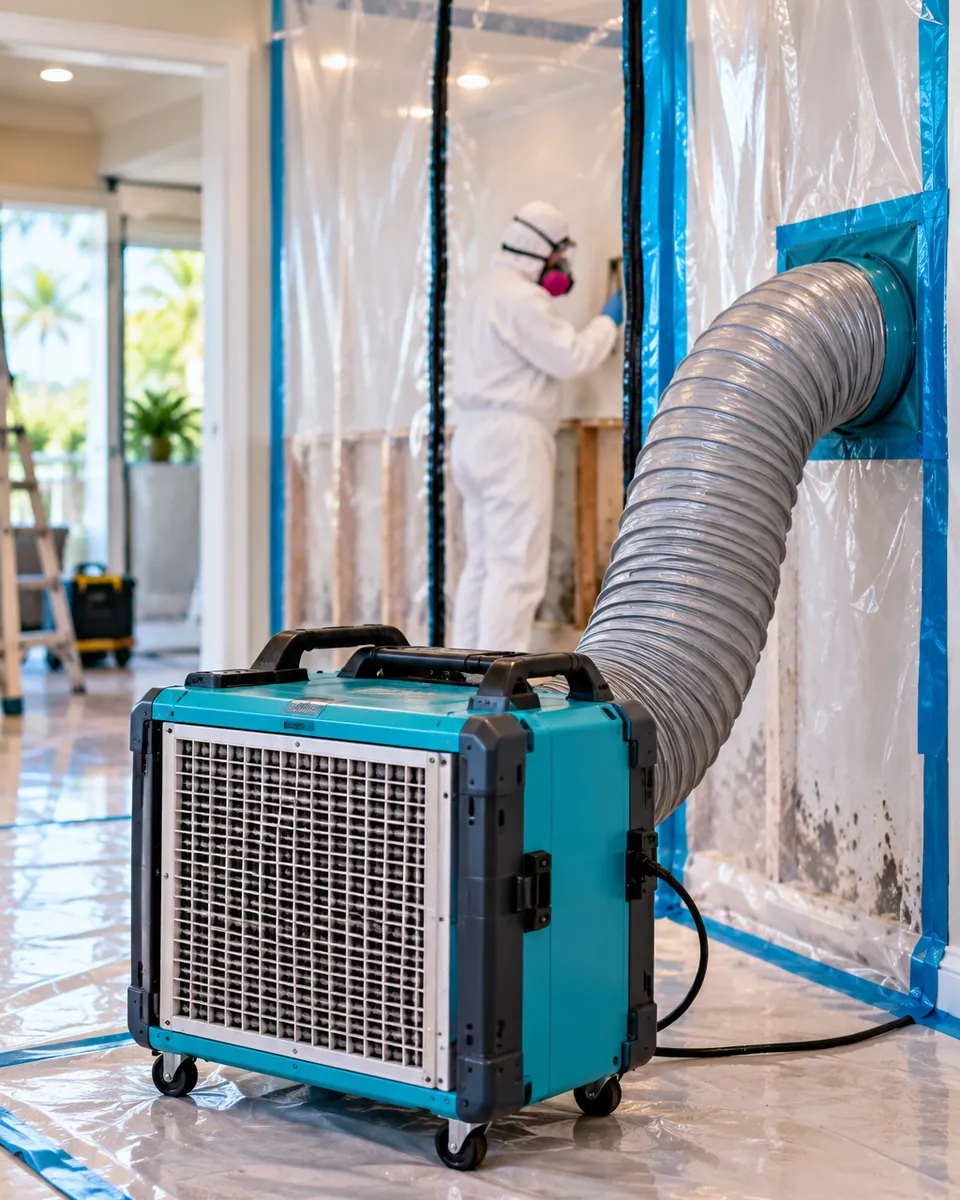 HEPA air scrubber and poly containment set up for mold remediation in Glen Ridge